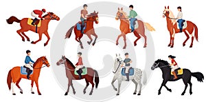 Horse riders. Cavaliers horseback, man rider or female equestrian sitting on thoroughbred horses and racehorses