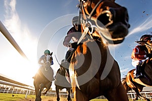 Horse riders compete on horse races for winner place of fastest rider at racetrack with spectators