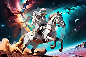 A Horse Riding an Astronaut in a Gravity-Defying Scene Backlit by Interstellar Nebula, Contrasting Colors Dance in Cosmic Harmony