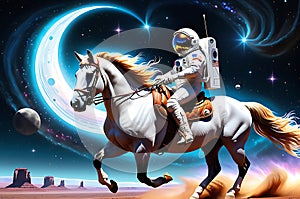 A Horse Riding an Astronaut Mid-Gallop, Suspended in a Star-Filled Cosmos, Mane Flowing with Cosmic Brilliance