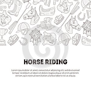 Horse Riding Banner Template with Place for Text and Horseback Equipment, Horse School Riding Lessons, Equestrian Club