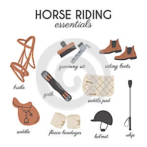 Horse riding essentials trendy square card. Equestrian Equipment vector infographic educational card. Tack and Gear