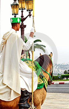 Horse riding guard at Hassan Tower in Rabat, Morocco
