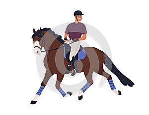 Horse riding. Happy horseman, equestrian on horseback. Horseriding, dressage activity. Smiling excited man rider on