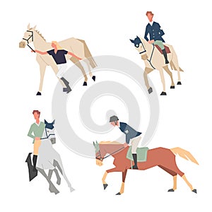 Horse riding lessons. Family equestrian sport training horseback ride.