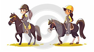 Horse riding man and woman wearing helmets and uniforms riding on horseback. Conceptual illustration for equestrian