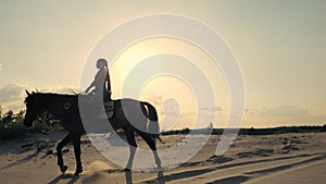 Horse riding. Silhouette of rider and horse. horsewoman is riding a horse on sandy ground, at sunset, against sun