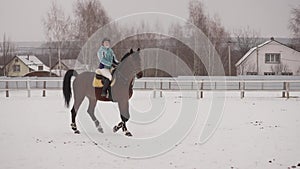Horse riding in snowy winter. A young female equestrian rides a white horse on a cloudy winter day. Rider on horse