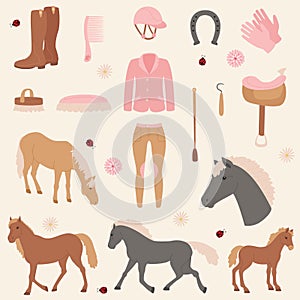 Horse riding sport clip art collection. Horses and equipment.