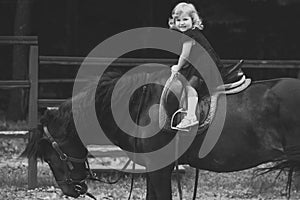 Horse riding training. Child sit in rider saddle on animal back