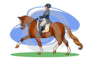 Horse Riding Woman Riding Dressage Horse in Cartoon Style