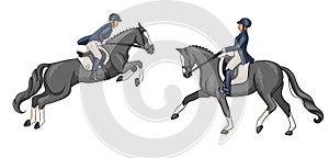 Horse Riding Woman Riding Dressage Horse in Cartoon Style