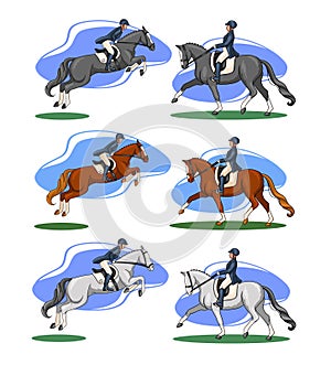 Horse Riding Woman Riding Dressage Horse in Cartoon Style