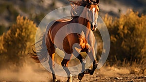 A horse is running in the desert with a sunset in the background