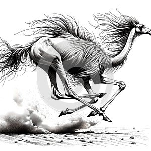 the horse is running fast across the desert land with it's long manes