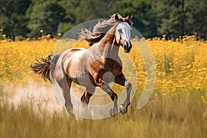 a horse running through a field of flowers