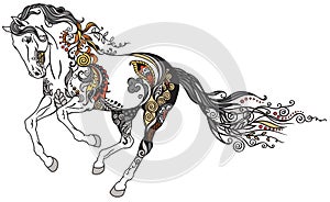 Horse running in the gallop. Floral style