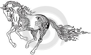 Horse running in the gallop. Floral style. Black and white