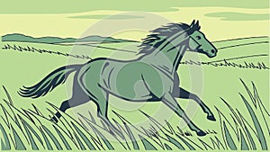 Horse running in green field, equestrian scene and rural countryside vector design Generative AI photo
