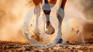 The horse is running, only its legs are visible, from under its hooves there is dust and sand. Horse in motion.