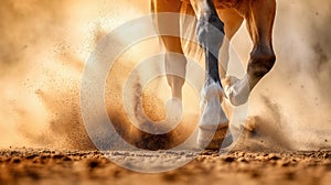 The horse is running, only the legs are visible from under the hooves, dust and sand. The horse is in motion.