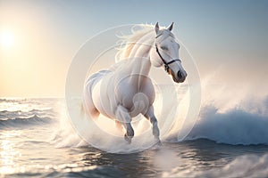 a horse running on the sea light white lot detail. ai generative