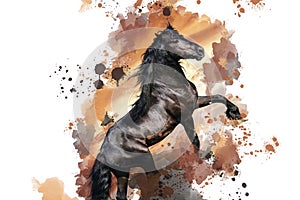 Horse running on watercolor splashes background. Close-up portrait of a big strong horse painted in watercolors.