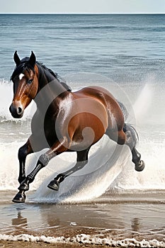 Horse runs in the water of the blue sea