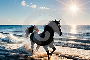 Horse runs in the water of the sea sunset.