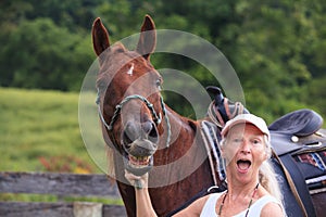 Horse Whinny and Surprised Senior Woman