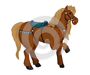 Horse with saddle, character of a fairy tale, vector drawing on a white background. Cartoon flat style illustration