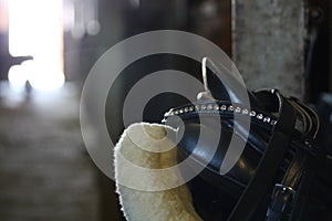 Horse saddle close up in the stable