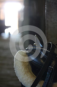 Horse saddle close up in the stable