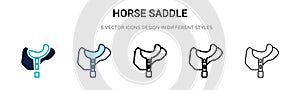 Horse saddle icon in filled, thin line, outline and stroke style. Vector illustration of two colored and black horse saddle vector