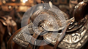 A horse saddle polished to a shine and adorned with intricate silver detailing serves as a unique and striking photo