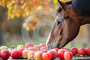 horse sampling from a variety of apples on table