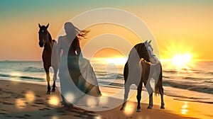 woman and horses on sand wild beach at sea ,desert at sunset animal world nature landscape