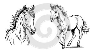 Horse set hand drawn sketch Vector illustration Farm animals