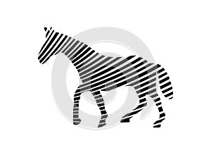 Horse shadow with several geometric stripes forming a concept of a horse walking on a white background