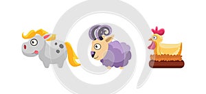 Horse, sheep and hen, funny cartoon farm animals, game user interface, element for mobile or computer games vector