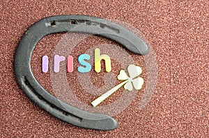 A horse shoe with the word irish and a clover