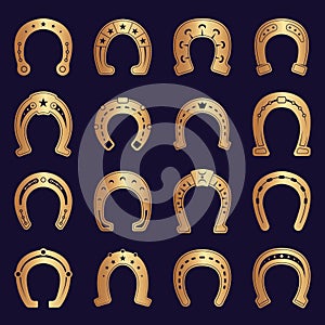 Horse shoes. Lucky symbols blacksmith logo vector graphic set