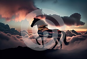 Horse silhouette in the clouds. AI Generated