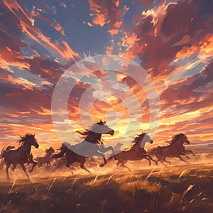 Horse Silhouette Sunset Run