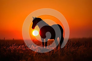 Horse is silhouetted against the setting sun. Generative AI