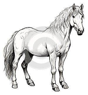 Horse sketch. Standing horses portrait artwork, equine black drawing graphics on white background