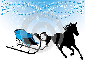 Horse with sledges. Composition for Christmas card