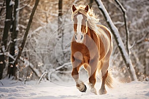 A horse in the snow. A robust equine in a forest blanketed with pristine snow