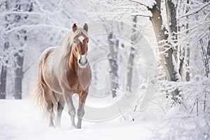 A horse in the snow. A sturdy equine in a forest covered with pristine snow, creating a winter background