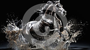 Horse with splashes of water on black background. 3d rendering